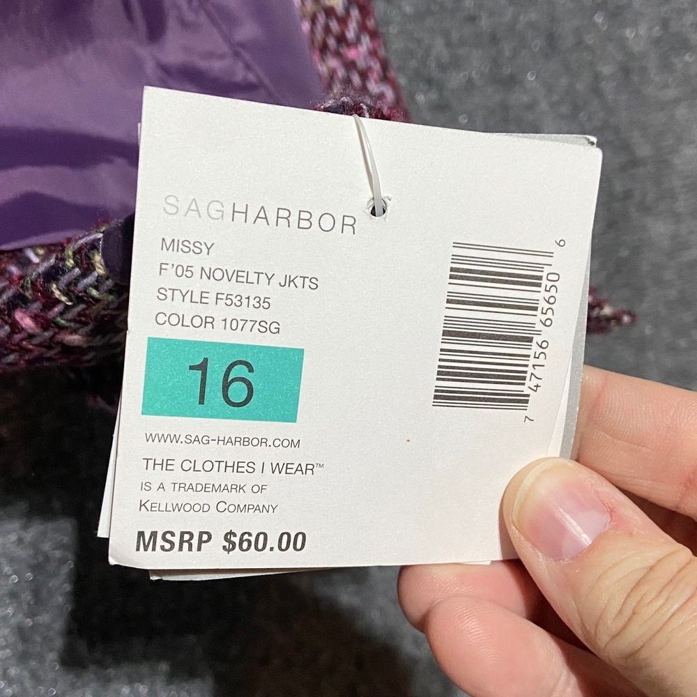 Sag Harbor Womens Purple Tweed Novelty Jacket Size 16 Velvet Trim Open Front NWT - Picture 5 of 12